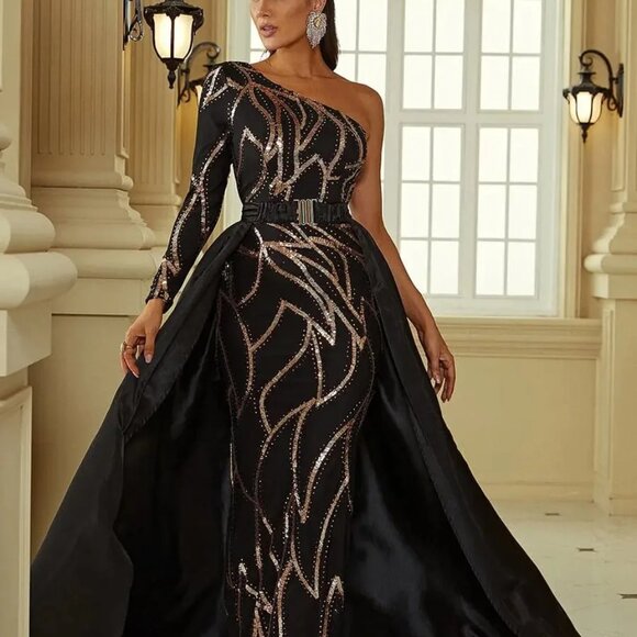 Elegant One-Shoulder Sequin Evening Dress with Open Back